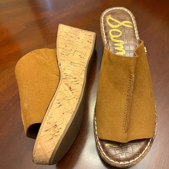 Sam Edelman Caramel suede leather "Ranger" Slip on Cork Wedge Sandals Size 9.5M - Picture 2 of 5